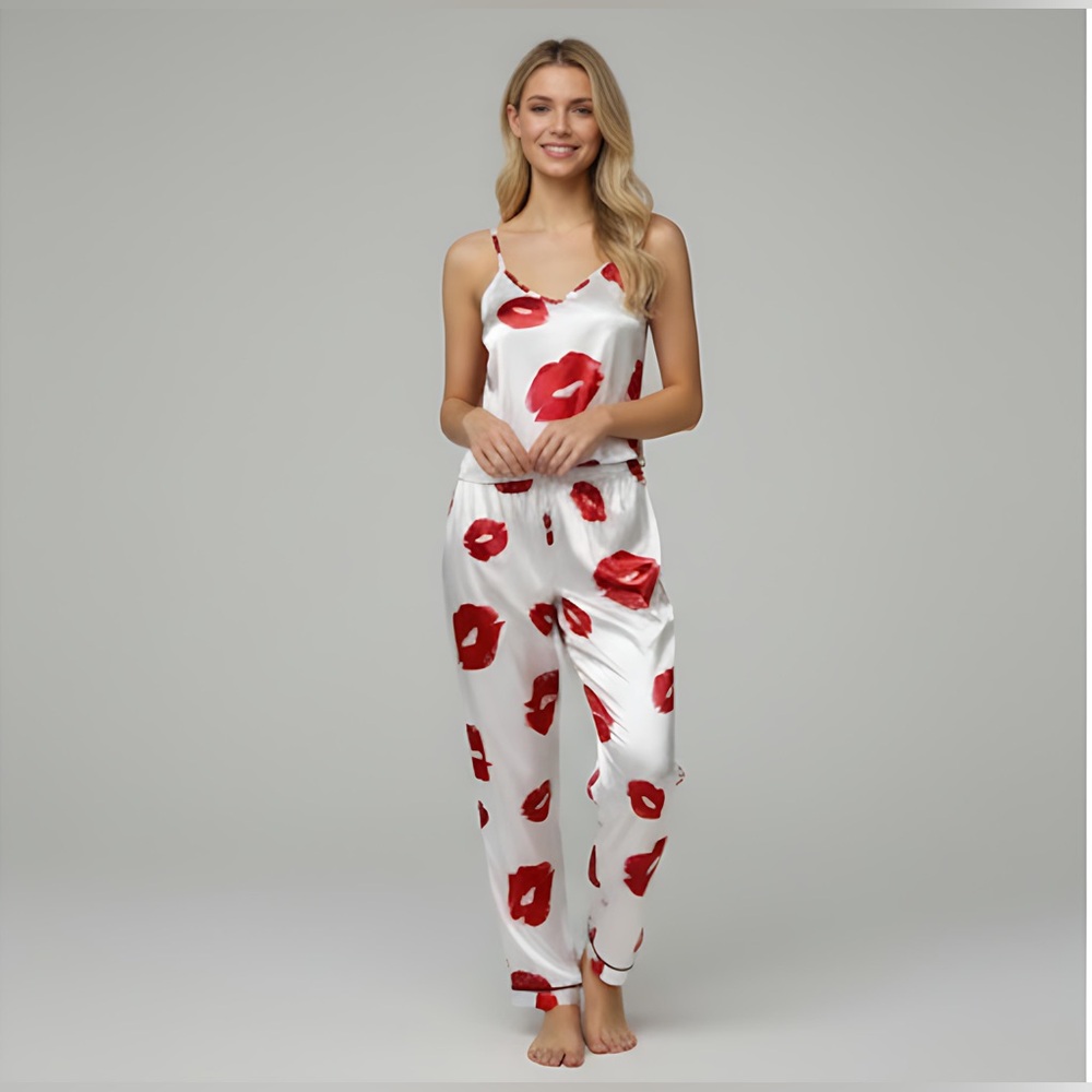 Satin Lips Cami And Long Pants Pyjama Set White